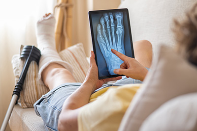 Patient in foot cast looking at an x-ray of their foot on a tablet