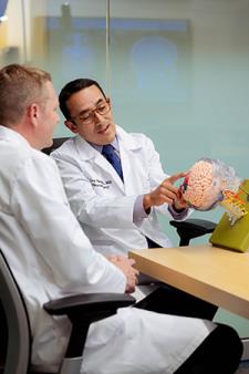 Expert specialists reviewing brain diagram